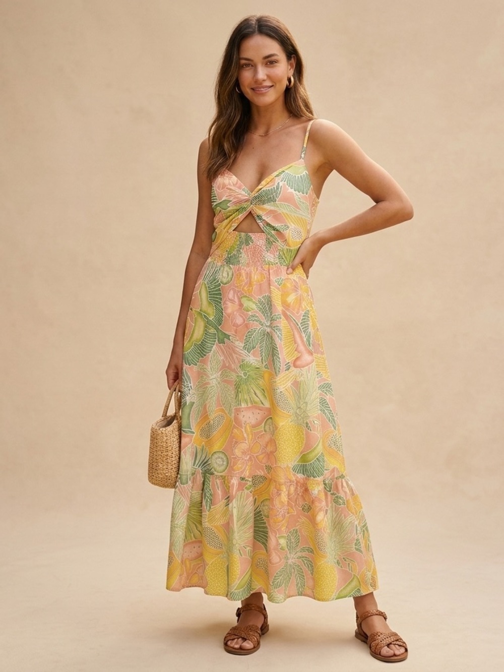 Kenny Flowers Tropical Cutout Maxi Dress in Yellow, Pink & Green